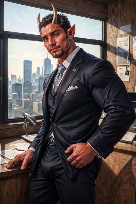 (cowboy shot), diablo as the CEO of a successful company, black business suit and trousers, bulge, in an high rise office with windows, (smirk:0.8), pointy ears, horns, leaning, large windows with cityscape view, hands on luxurious wooden office desk, solo, red skin,
(masterpiece), top quality, best quality, photorealistic, hyperrealism, (absurdres), sharp focus, subsurface scattering, intricate details, high quality, ultra high res, 8k, UHD, HDR, DSLR shot, 35mm, professional photography, RAW
<lora:diablo-10:0.7> <lora:muscle_slider_v1:0.5> <lora:add_detail:0.4>