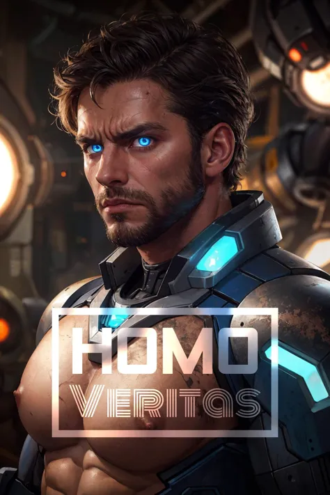 a (man) wearing a worn mech suit, (30 years old), chiseled jaw, (rusted metal), photo by greg rutkowski, soft lighting, vibrant colors, (glowing blue robot eyes), face portrait, ((extreme close-up:1.2)), science fiction, (large-muscles), (large pectorals), (puffy nipples), beard, (angry), cinematic photography, pectorals, (from side:0.7), looking at viewer, short cropped hair, scifi factory background, nude, realistic, best quality, detailed background, depth of field, intricate details