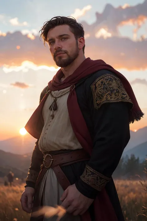 a man in a medieval outfit standing in a field at sunset