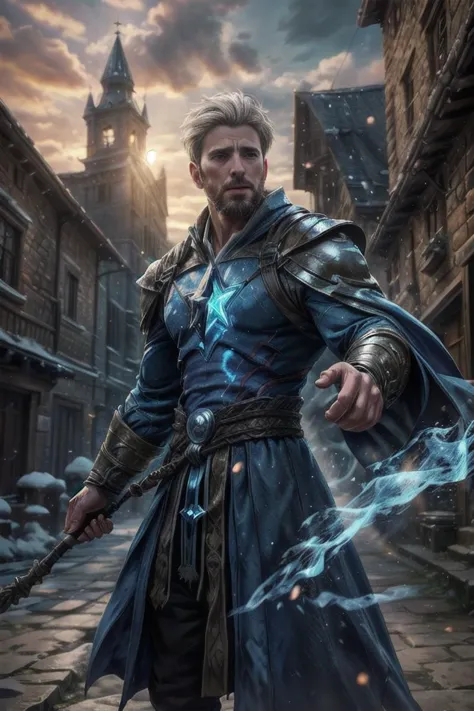 european man in intricate sexy mage robes, medieval, castle in background, looking at viewer, (chrisevans person), short hair, w...
