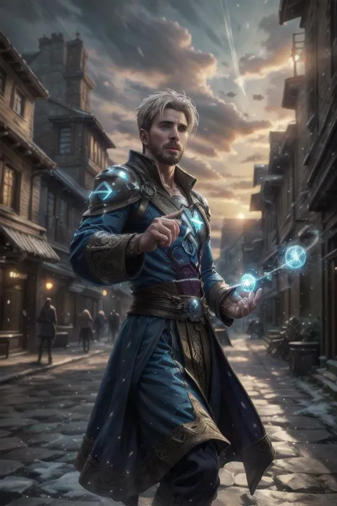 european man in intricate mage robes, medieval, castle in background, looking at viewer, (chrisevans person), short hair, white ...