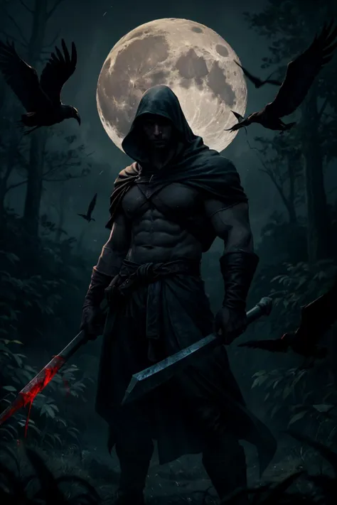 a man with a knife standing in the woods with a full moon behind him