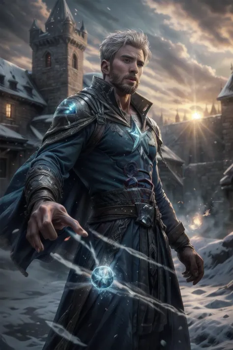 european man in intricate skimpy mage robes, medieval, castle in background, looking at viewer, (chrisevans person), short hair,...