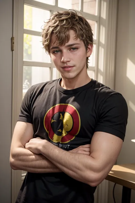 arafed young man with arms crossed in front of a window