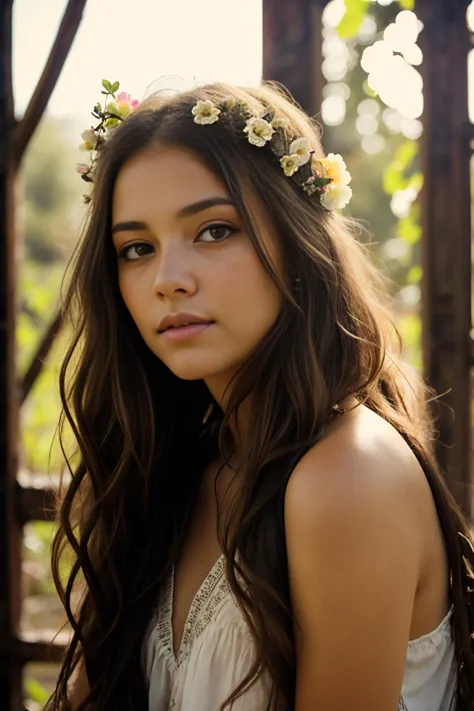 a close up of a woman with a flower crown on her head