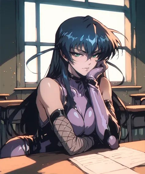 anime girl sitting at a desk with a book and pen