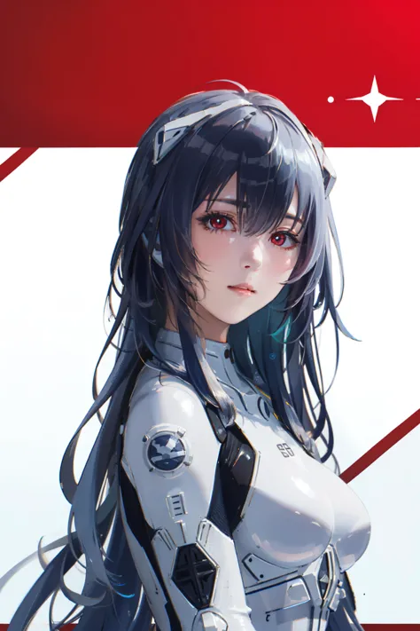 best quality, absurdres, masterpiece,
1girl, brown eyes,simple background, looking at viewer, parted lips,
upper body,
expressionless,
long_hair, starry_sky, bodysuit, ayanami_rei, solo, night_sky, red_eyes, red_background, breasts, white_bodysuit,  pilot_suit,  bangs, light_particles, interface_headset,