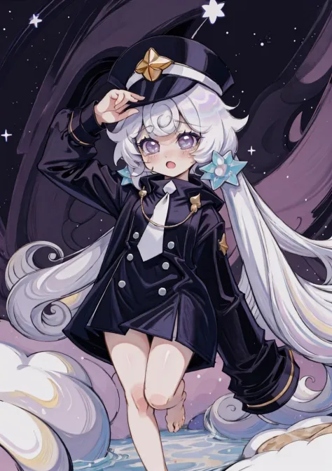 (masterpiece, best quality, highres, ultra detailed:1.2), (solo, 1girl, full body), milkyway, hat, necktie, (white skin:1.2), sleeves past fingers, white hair, low twintails, purple eyes, whistle, black jacket, black trench coat, black clothes, (barefoot:1.3), BREAK, crying, tears, :<, standing, one leg up, facing viewer, BREAK, (night, star \(sky\))