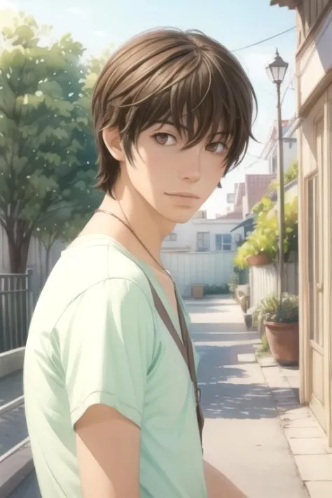 masterpiece, best quality, sketch, 1boy, solo, male focus, looking at viewer, upper body, , (watercolor illustration, soft pastel colors:1.1), realistic, yuu_yanase, brown hair, brown eyes, fairy tale costume, The City of Glas,