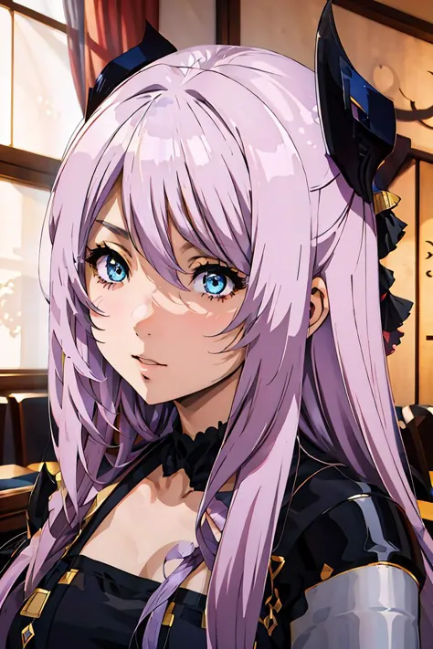 anime girl with long purple hair and blue eyes in a restaurant