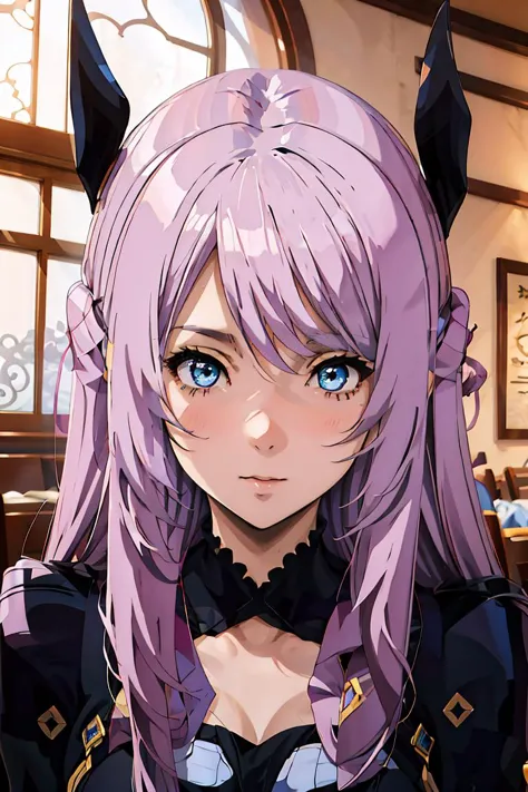 anime girl with long pink hair and blue eyes in a restaurant