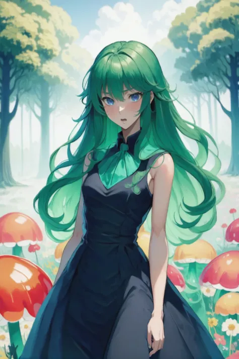 a woman with green hair and a black dress standing in a field of mushrooms