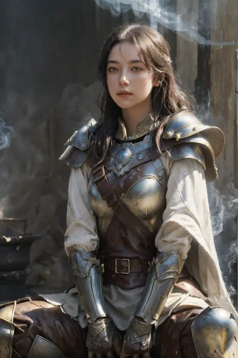 1girl 
sitting 
bronze armor 
cape
battlefield
fantasy, 
 battle stance , dust, smoke
(oil painting, dry brush, Alan Lee)
 drama...
