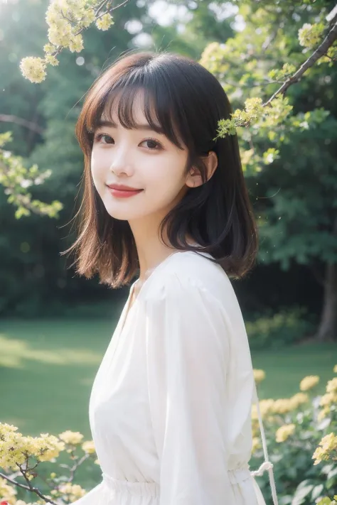 1girl,moyou,stars in the eyes,pure girl,(full body:0.5),There are many scattered luminous petals,hidding in the light yellow flowers,Depth of field,Many scattered leaves,branch,angle,contour deepening,cinematic angle, white dress, smiling,