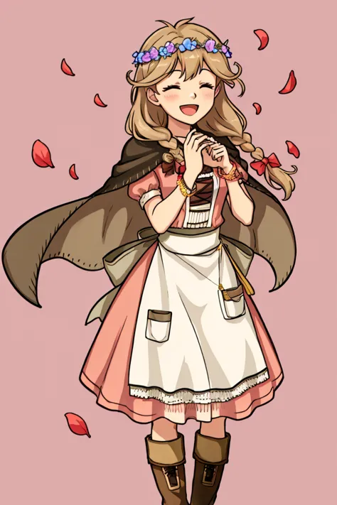 faye fe, 1girl, solo, long hair, smile, open mouth, dress, bow, closed eyes, braid, flower, hair bow, boots, cape, apron, bracel...