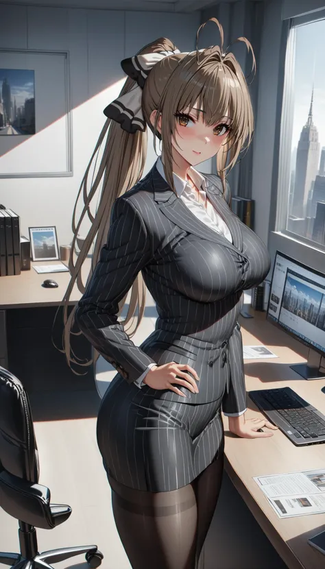 anime girl in a suit posing in front of a computer