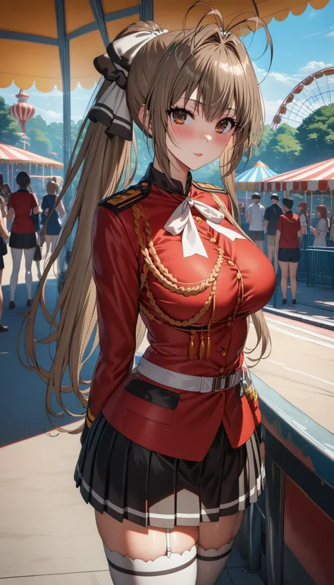 1girl,sento isuzu, brown eyes, brown hair, long hair, ponytail, antenna hair, bangs, hair intakes, hair bow, ribbon,red jacket, long sleeves, black pleated skirt, white thighhighs, uniform, aiguillette,oudoors,amusement park,masterpiece,best quality,ray tracing,photo-realisti ,looking at viewer,large_breasts<lora:Difference_3d2:1> <lora:add-detail-xl:2> <lora:SDXL_LORA_CHARACTER_SENTO ISUZU_V1:1>