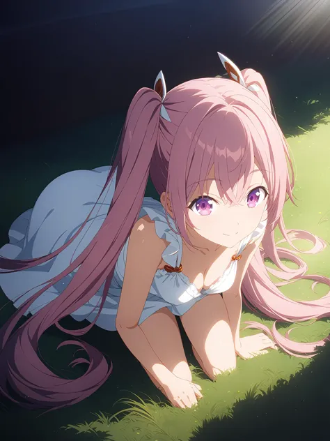 anime girl laying on the ground with her head on her hands