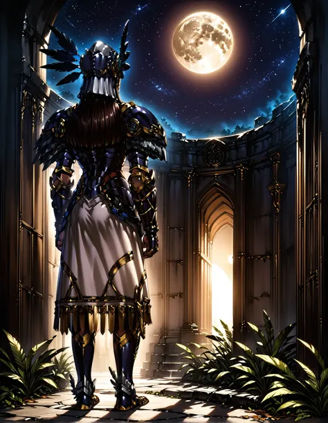 a woman in armor standing in a doorway with a full moon in the background