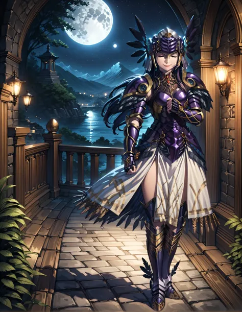 a woman in armor walking down a path at night