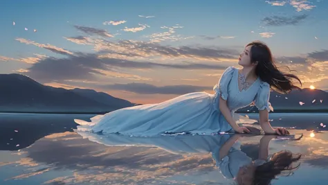 arafed woman in a white dress sitting on a lake with a sky background