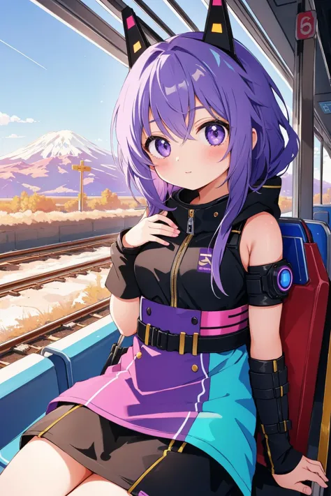 a woman sitting on a train with a suitcase and a cat ear