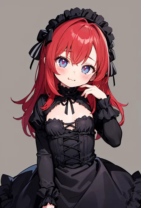 (masterpiece, best quality), 1girl, red hair, medium chest, gothic frill dress, pervert face,