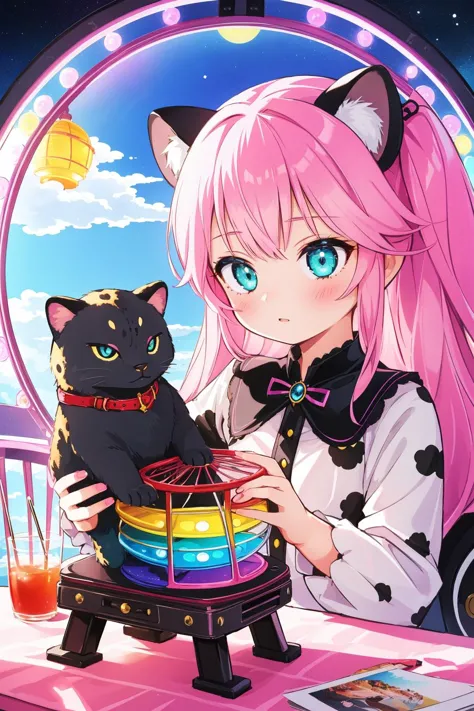 anime girl with pink hair holding a cat in a cage