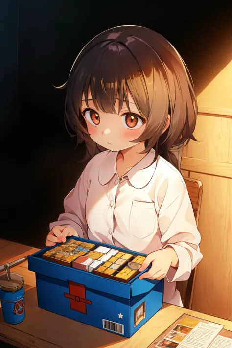 anime girl holding a box of cookies and a can of soda