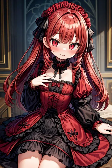 (masterpiece, best quality), 1girl, red hair, medium chest, gothic frill dress, pervert face, <lora:add_detail:1>