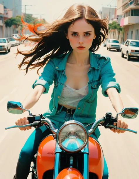 an expert film still by conrad roset of a young lady looking like jaynexl4 riding a motorbike