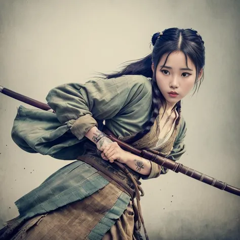 (render analógico:1.5), Fotografía de primer plano de una robusta chica guerrera coreana tatuada iuljeV4-1450-1950 joseon (lucha:1.4) con sable coreano en la mano derecha, Guerra en las calles de Joseon, Con cabello largo desordenado y una armadura de tela sucia y un vestido largo., caducifolio, mirada feroz, highly detallado, iluminación volumétrica épica, (poros de la piel:0.9),Destello de lente, atmósfera, Brillo, detallado, Intrincado, lleno de color, cinematográfico lighting, tendencia en artstation, 4k, Híper realista, enfocado, detalles extremos, Motor irreal 5, cinematográfico, obra maestra