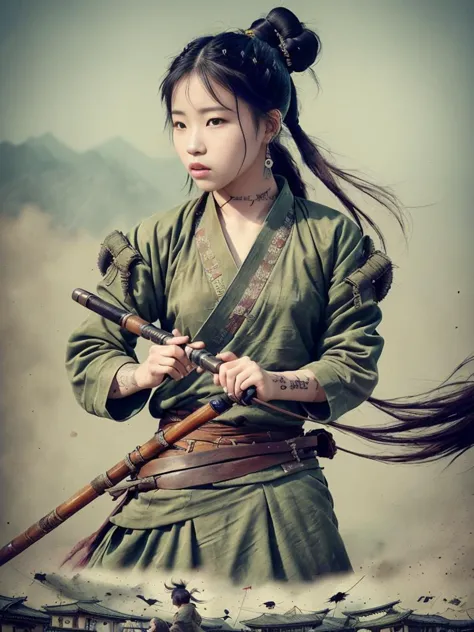 (analog render:1.5), close action shot photo of a rugged korean tattooed  iuljeV4-1450-1950 joseon warrior girl (fighting:1.4) with korean saber in front of crowd of ennemies in Joseon streets, with messy long hair and a dirty fabrics armor and long dress, deciduous, fierce look, highly detailed, epic volumetric lighting, (skin pores:0.9),lens flare, atmosphere, glow, detailed, intricate, full of colour, cinematic lighting, trending on artstation, 4k, hyperrealistic, focused, extreme details, unreal engine 5, cinematic, masterpiece