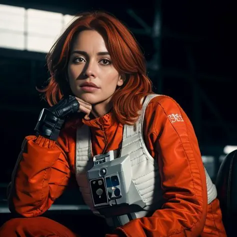 red haired woman sitting in rebel pilot suit<lora:rebelpilotsuit:1>,in airforce hangar, photorealistic, photo, masterpiece, real...