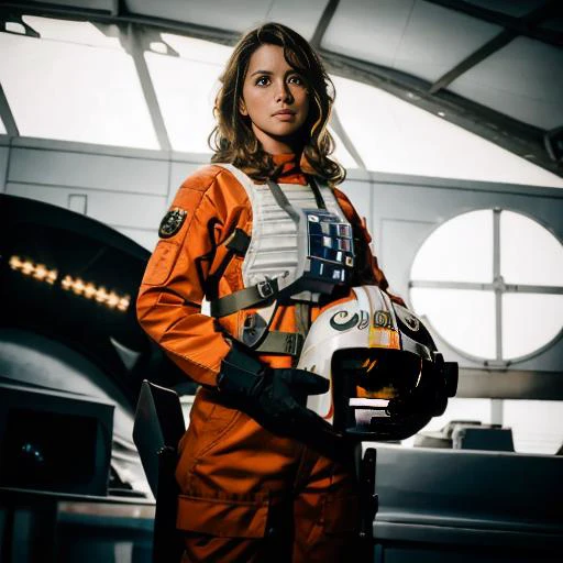 woman in rebel pilot suit in airforce hangar,very long hair, RAW photo, 8k uhd, dslr, soft lighting, high quality, film grain, Fujifilm XT3
