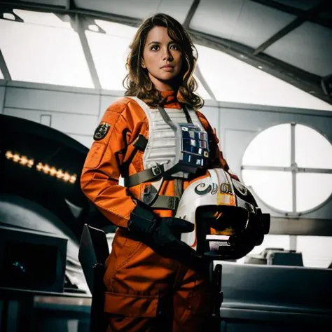 woman in rebel pilot suit <lora:rebelpilotsuit:1> in airforce hangar,very long hair, RAW photo, 8k uhd, dslr, soft lighting, hig...