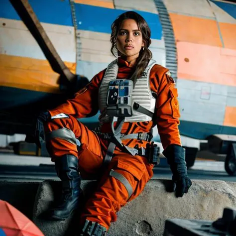 lara croft sitting in rebel pilot suit<lora:rebelpilotsuit:1>  in airforce hangar,  RAW photo, 8k uhd, dslr, soft lighting, high...