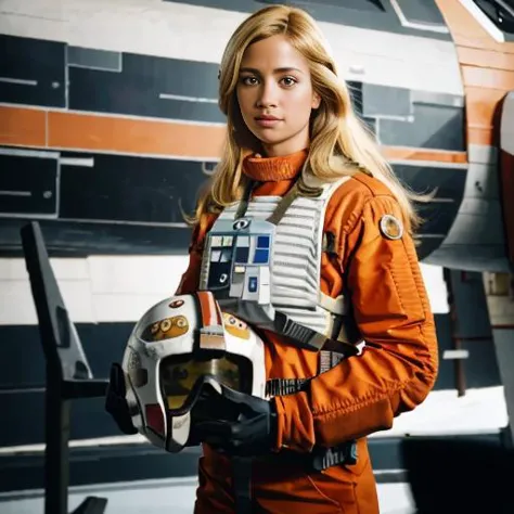 blond woman in rebel pilot suit <lora:rebelpilotsuit:1>  in airforce hangar next to a x-wing,very long hair, RAW photo, 8k uhd, ...