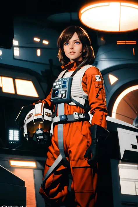 a beautiful woman standing dressed in rebel pilot suit, blue eyes, brown hair, standing in front of x-wing, highly detailed,phot...