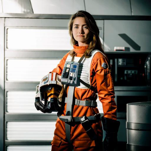 femme en costume de pilote rebelle dans un hangar,cheveux très longs, photo brute, 8k euh, Reflex numérique, éclairage doux, haute qualité, grain de film, Fujifilm XT3