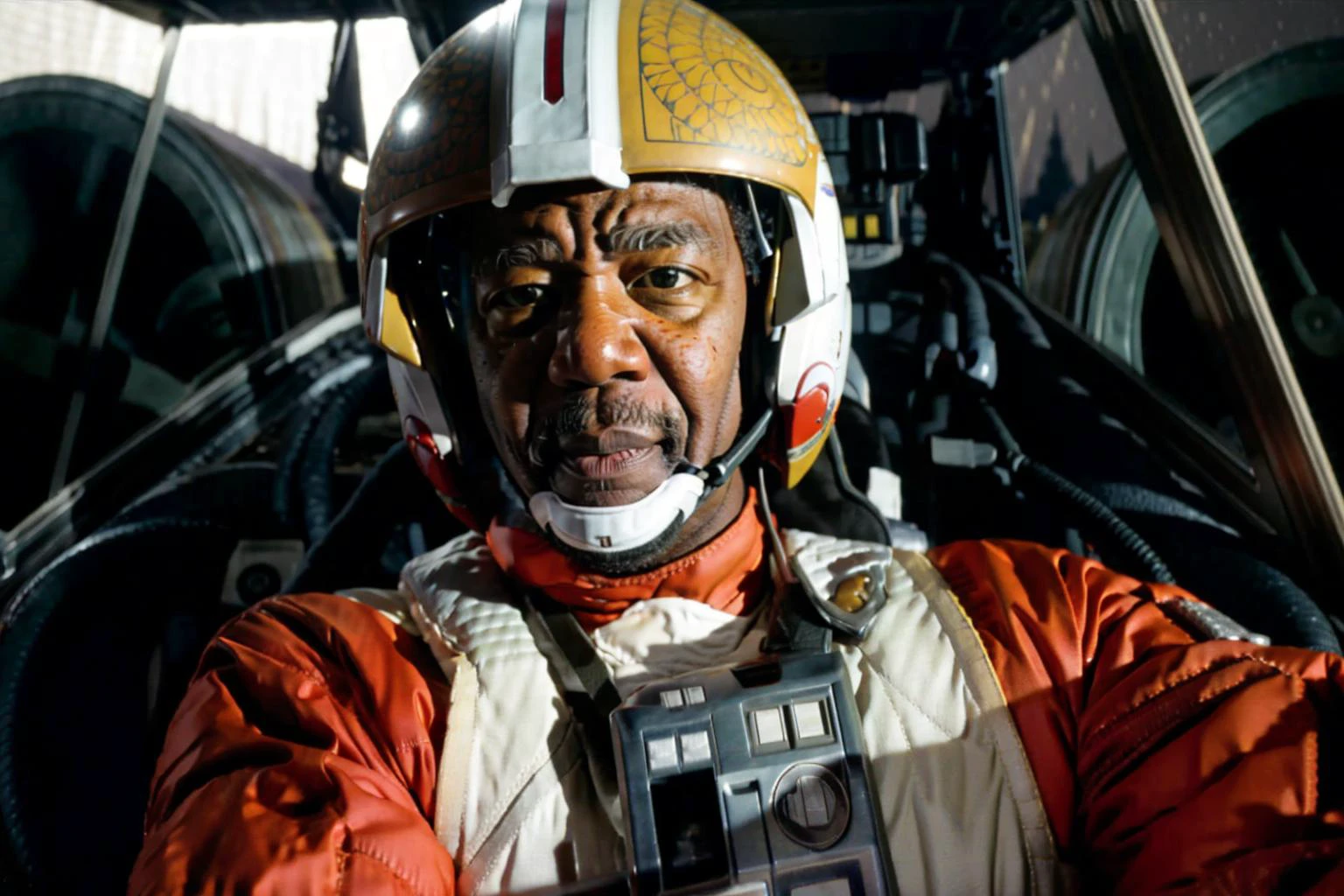 cockpit view,,Morgan Freeman im Rebellenpilotenanzug,Helm,googles,Konzentrieren