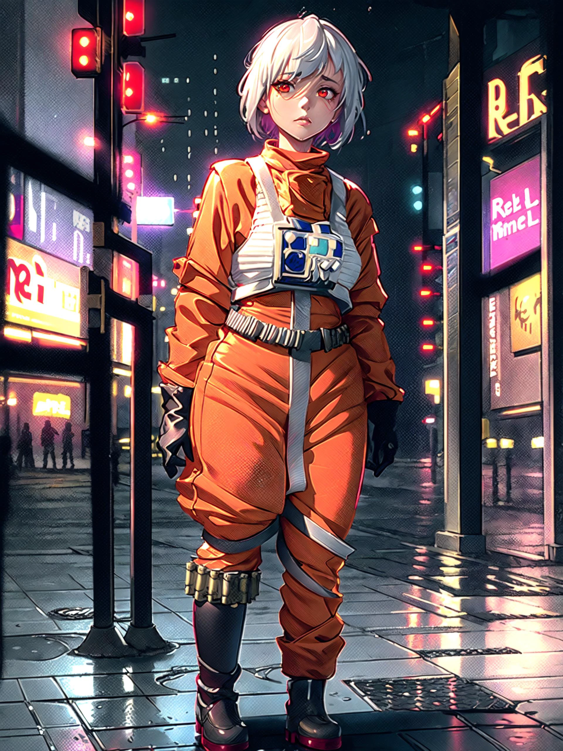 1girl in (rebel pilot suit:1.38), girl, white Hair, glowing red eyes, looking up at the sky, standing on the sidewalk in the rain, somber expression, dramatic pose, wet, ground wet, colorful lights, sidewalk, city night lights, heavy rain, expressionless