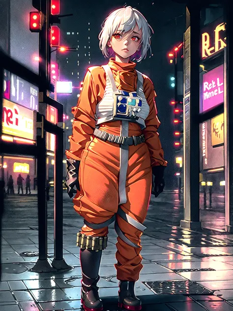 1girl in (rebel pilot suit:1.38), girl, white Hair, glowing red eyes, looking up at the sky, standing on the sidewalk in the rai...