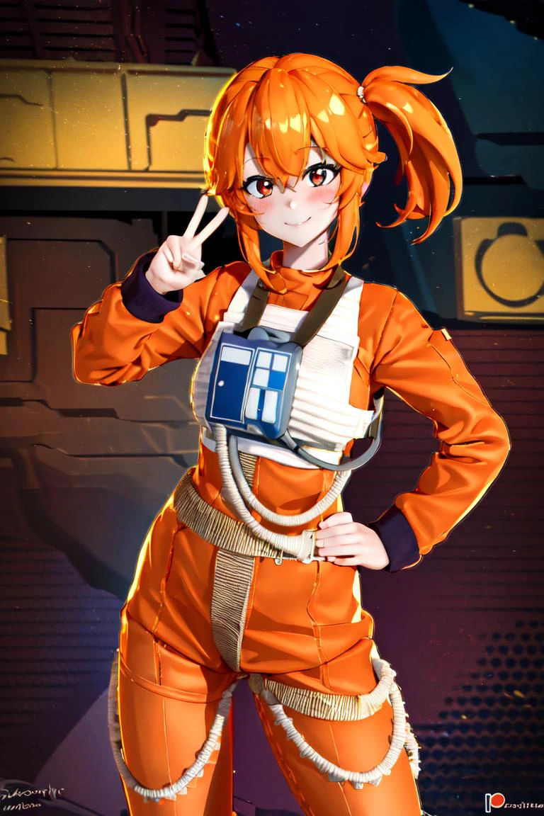 ((masterpiece,best quality)), absurdres,
,woman in orange rebel pilot suit, side ponytail, orange hair
solo, smiling, blushing, looking at viewer, cowboy shot,  peace sign,
cinematic composition, contrapposto,