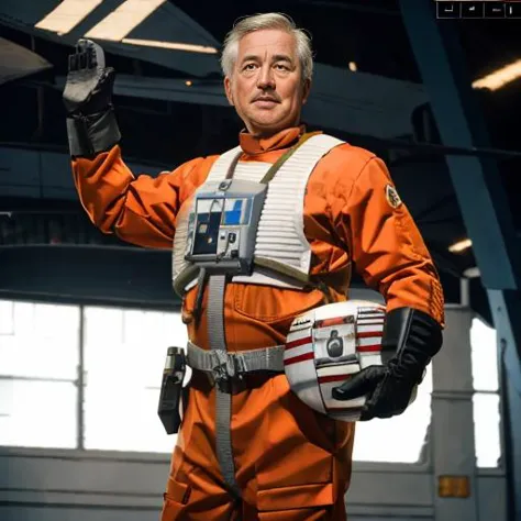 old man in rebel pilot suit <lora:rebelpilotsuit:1>  in airforce hangar,raising hand, RAW photo, 8k uhd, dslr, soft lighting, hi...