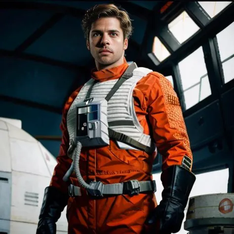 man in rebel pilot suit <lora:rebelpilotsuit:1> in hangar, RAW photo, 8k uhd, dslr, soft lighting, high quality, film grain, Fuj...