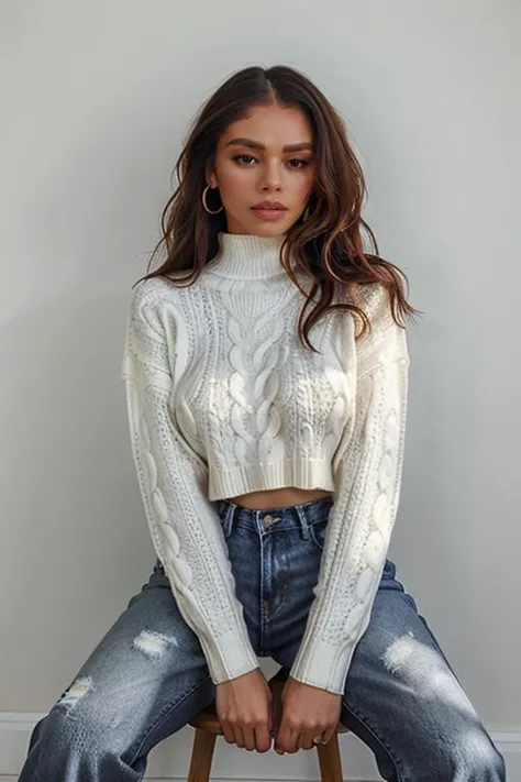 Cable knit sweater paired with high-waisted jeans and ankle boots. beautiful, masterpiece, best quality, extremely detailed face...