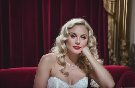 a woman in a wedding dress sitting on a red couch