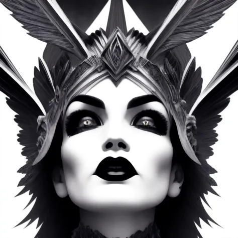 a close up of a woman with a black and white makeup and a feathered headdress