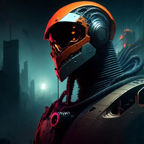 a close up of a robot with a helmet on in a dark city